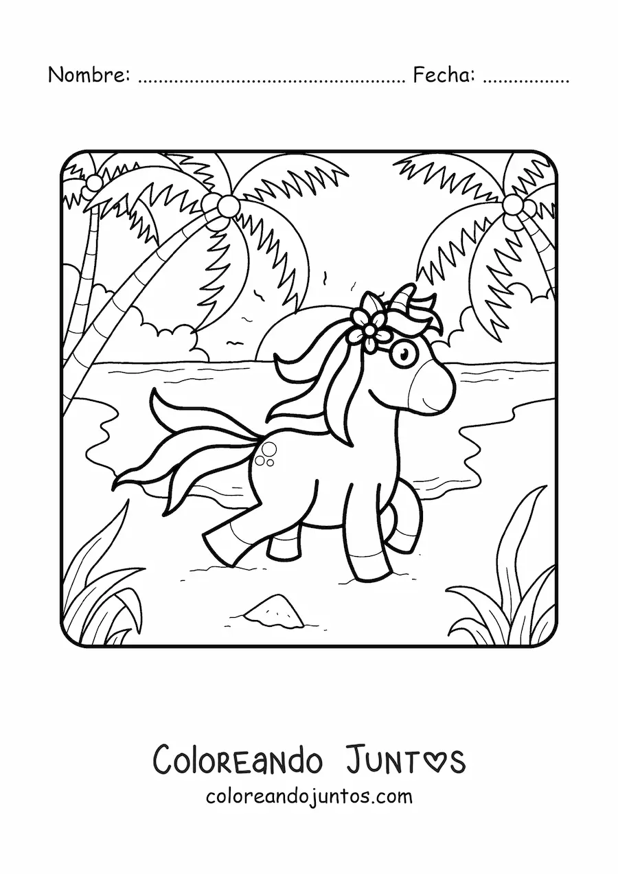 Imagen para colorear de un unicornio de paseo en verano