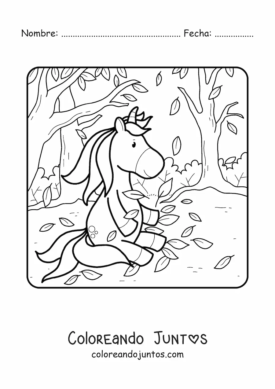 Imagen para colorear de un unicornio jugando con hojas de otoño