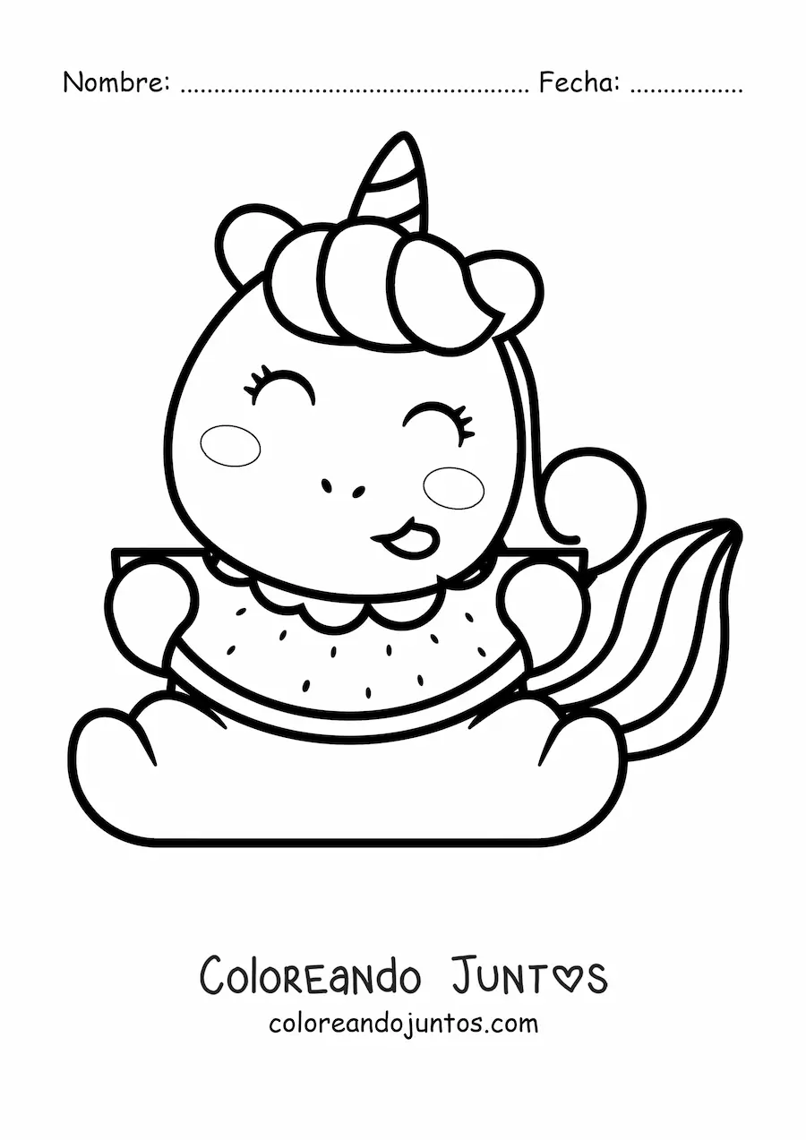 Imagen para colorear de un unicornio animado sentado comiendo una sandía