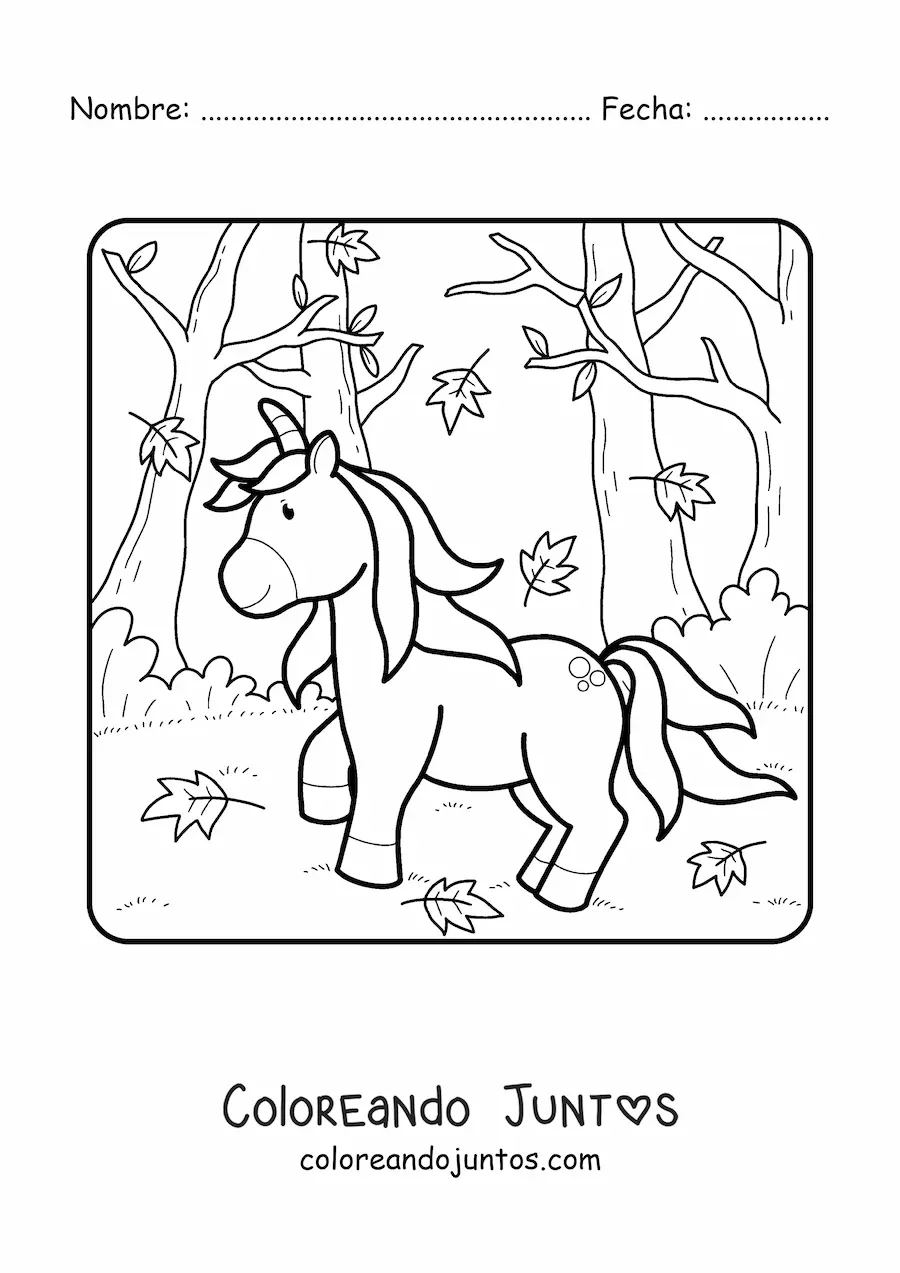 Imagen para colorear de un unicornio animado en un bosque de otoño
