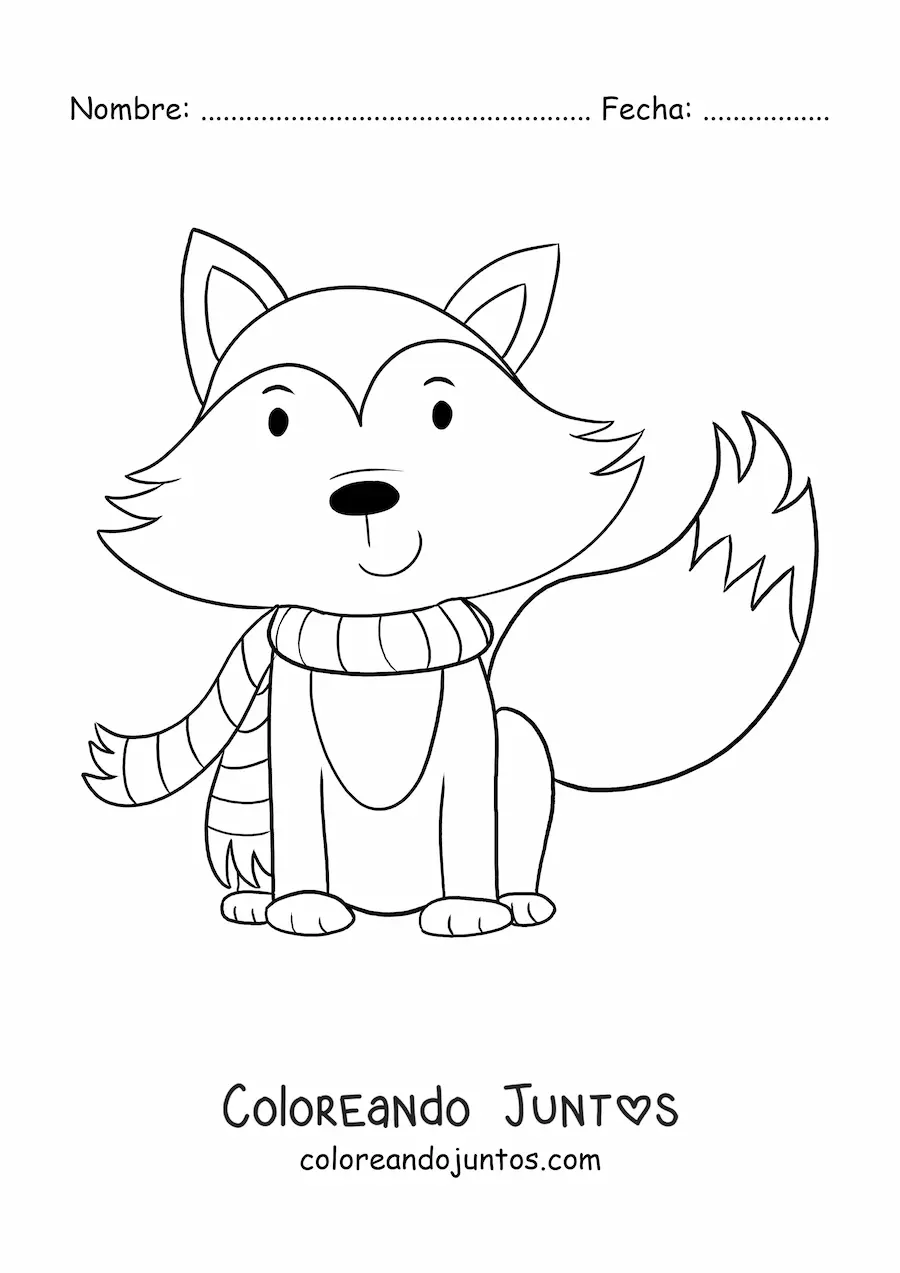 Imagen para colorear de un zorro animado usando una bufanda para otoño