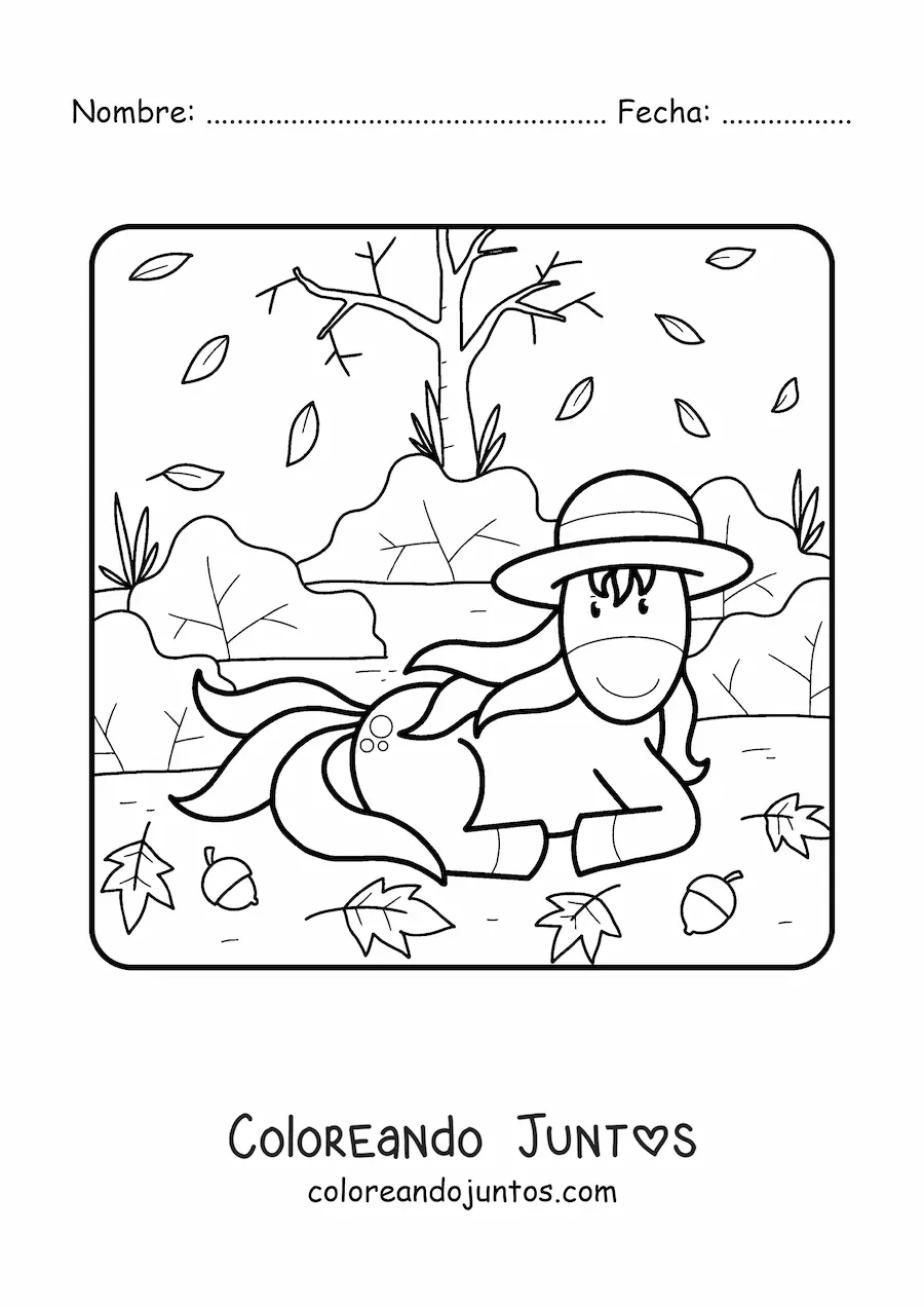 Imagen para colorear de un unicornio animado descansando sobre hojas secas