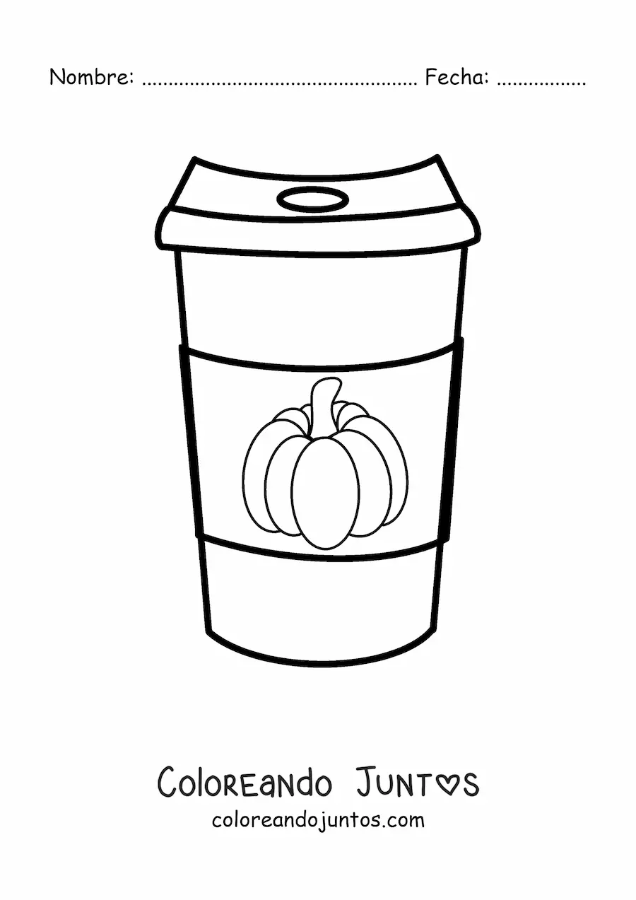 Imagen para colorear de un vaso de café decorado con una calabaza