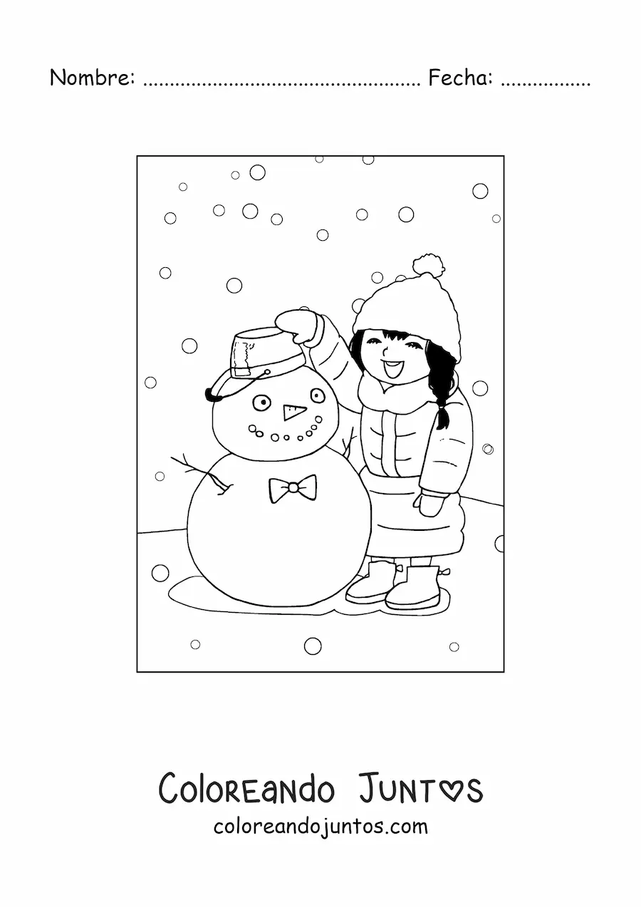 Imagen para colorear de una niña en invierno con un muñeco de nieve