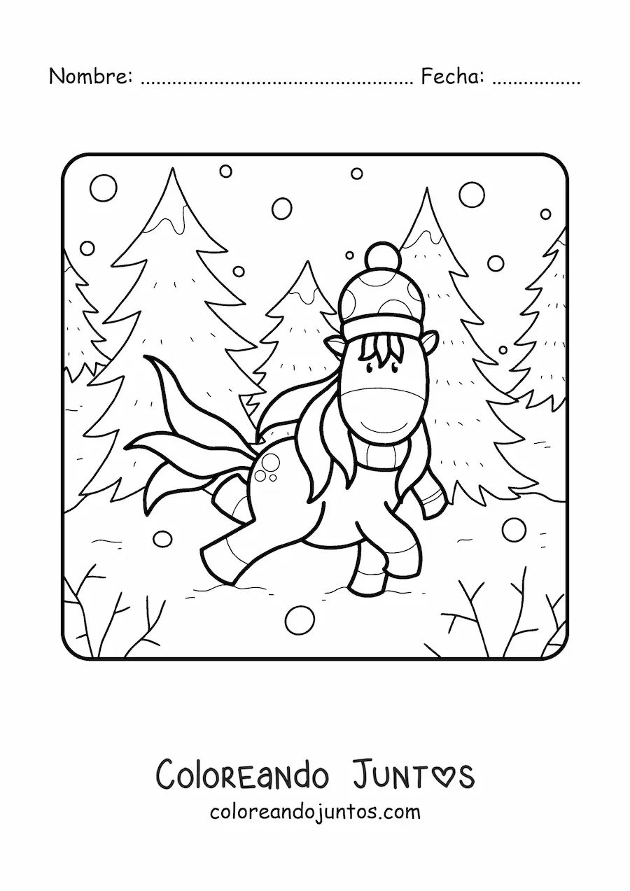 Imagen para colorear de un unicornio en un bosque de invierno