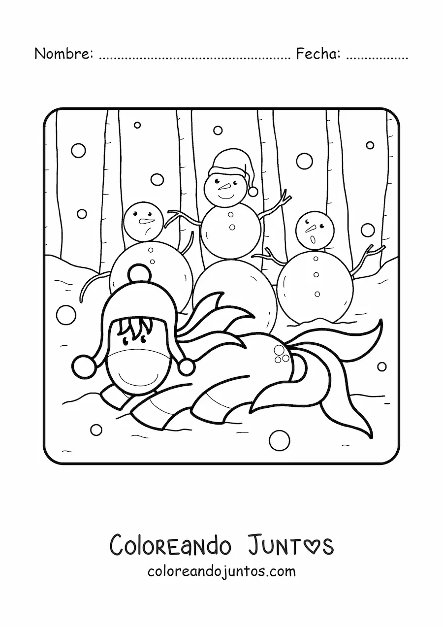 Imagen para colorear de un unicornio con varios muñecos de nieve