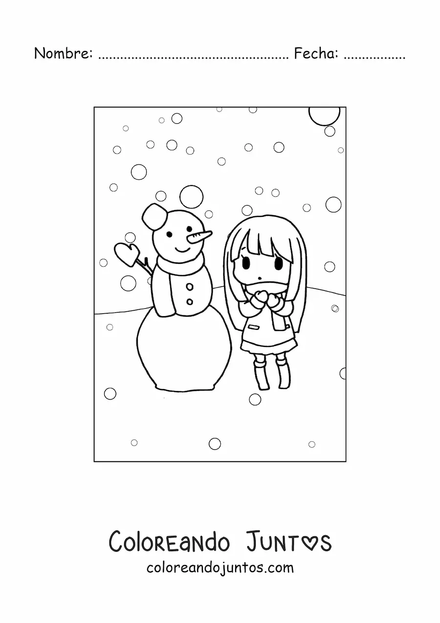 Imagen para colorear de una niña kawaii con un muñeco de nieve