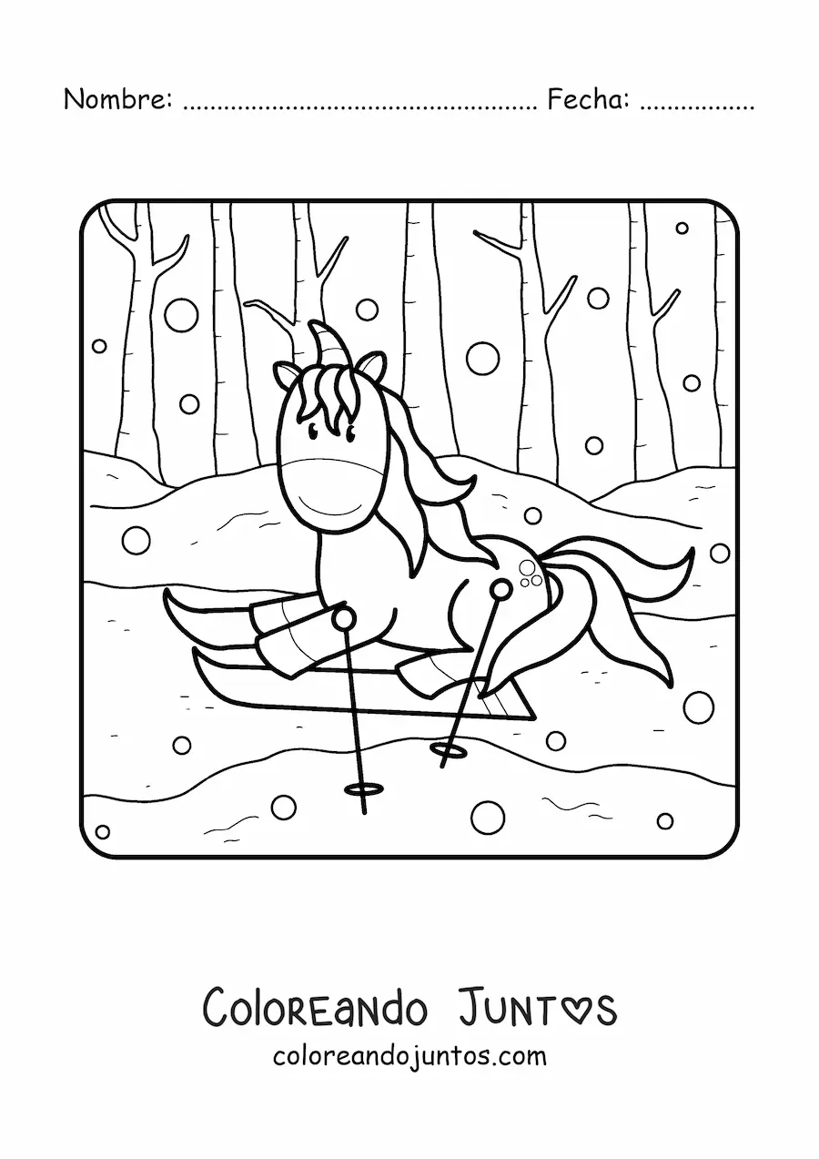 Imagen para colorear de un unicornio animado esquiando en invierno