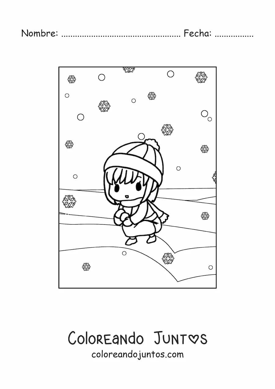 Imagen para colorear de una niña kawaii jugando en la nieve