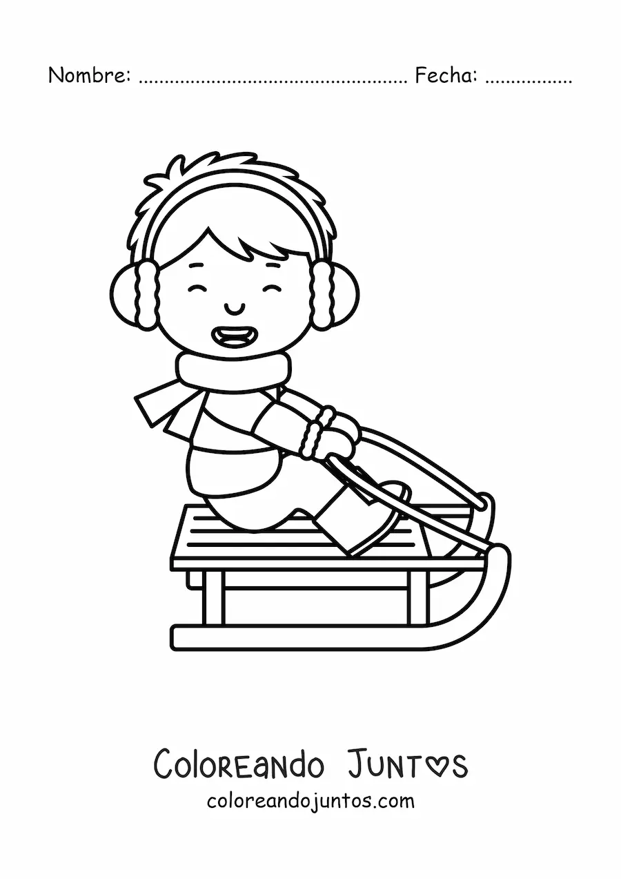 Imagen para colorear de un niño feliz en un trineo
