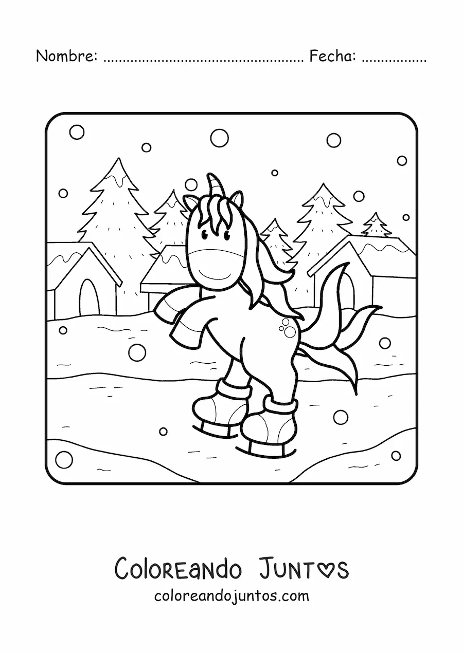 Imagen para colorear de un unicornio patinando sobre el hielo en invierno
