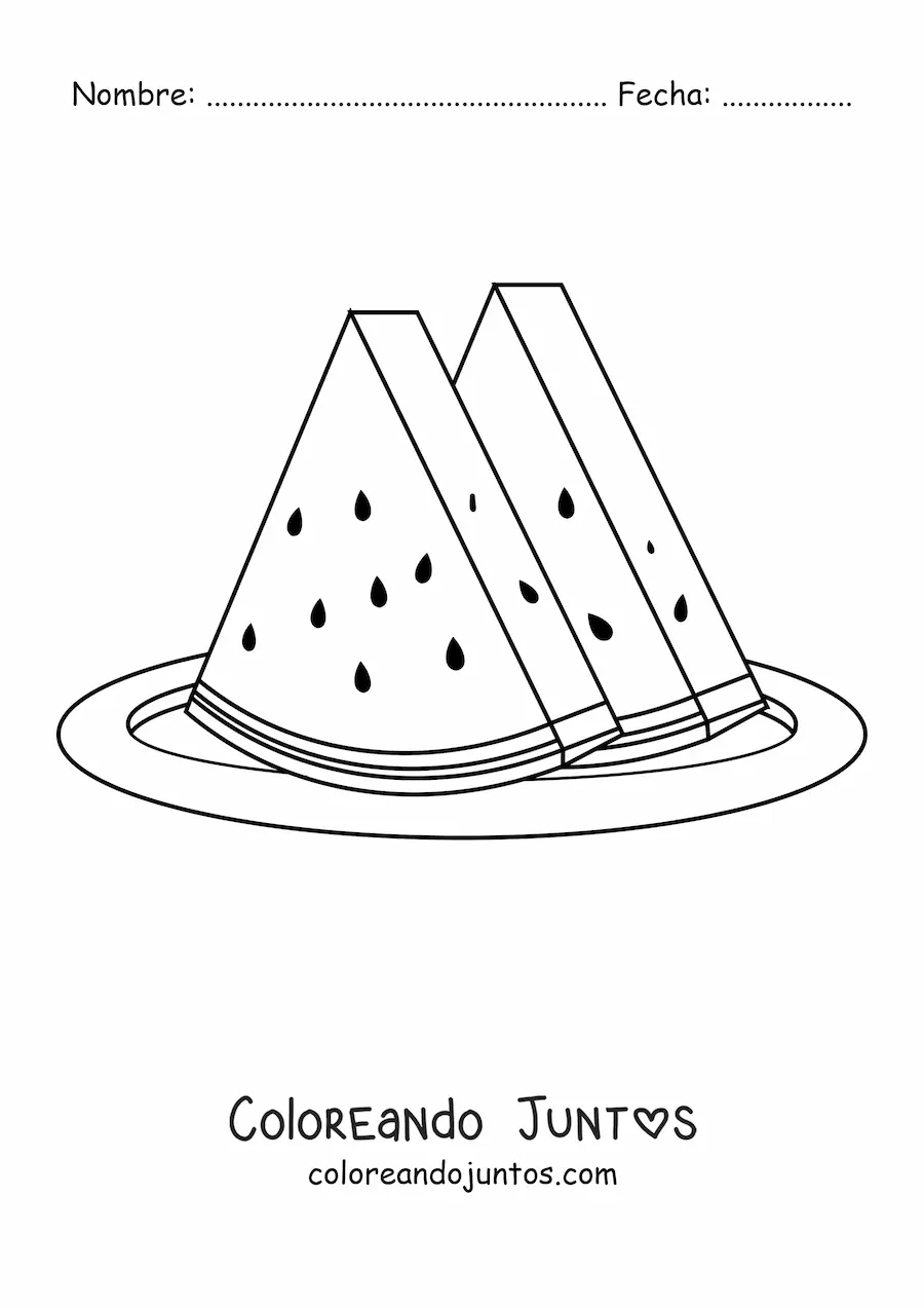 Imagen para colorear de dos trozos de sandía sobre un plato