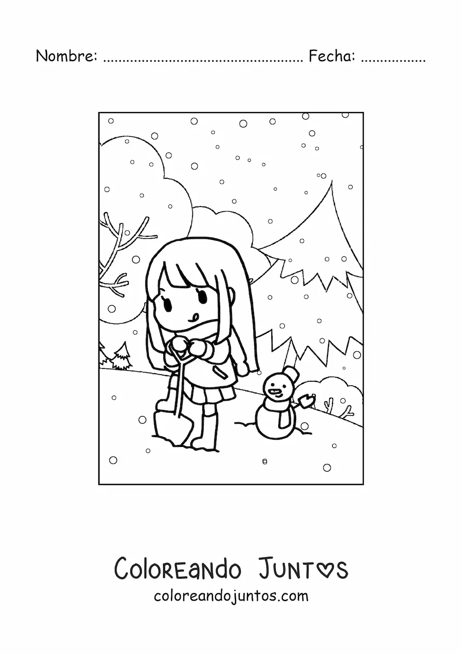 Imagen para colorear de una niña kawaii jugando en la nieve en invierno
