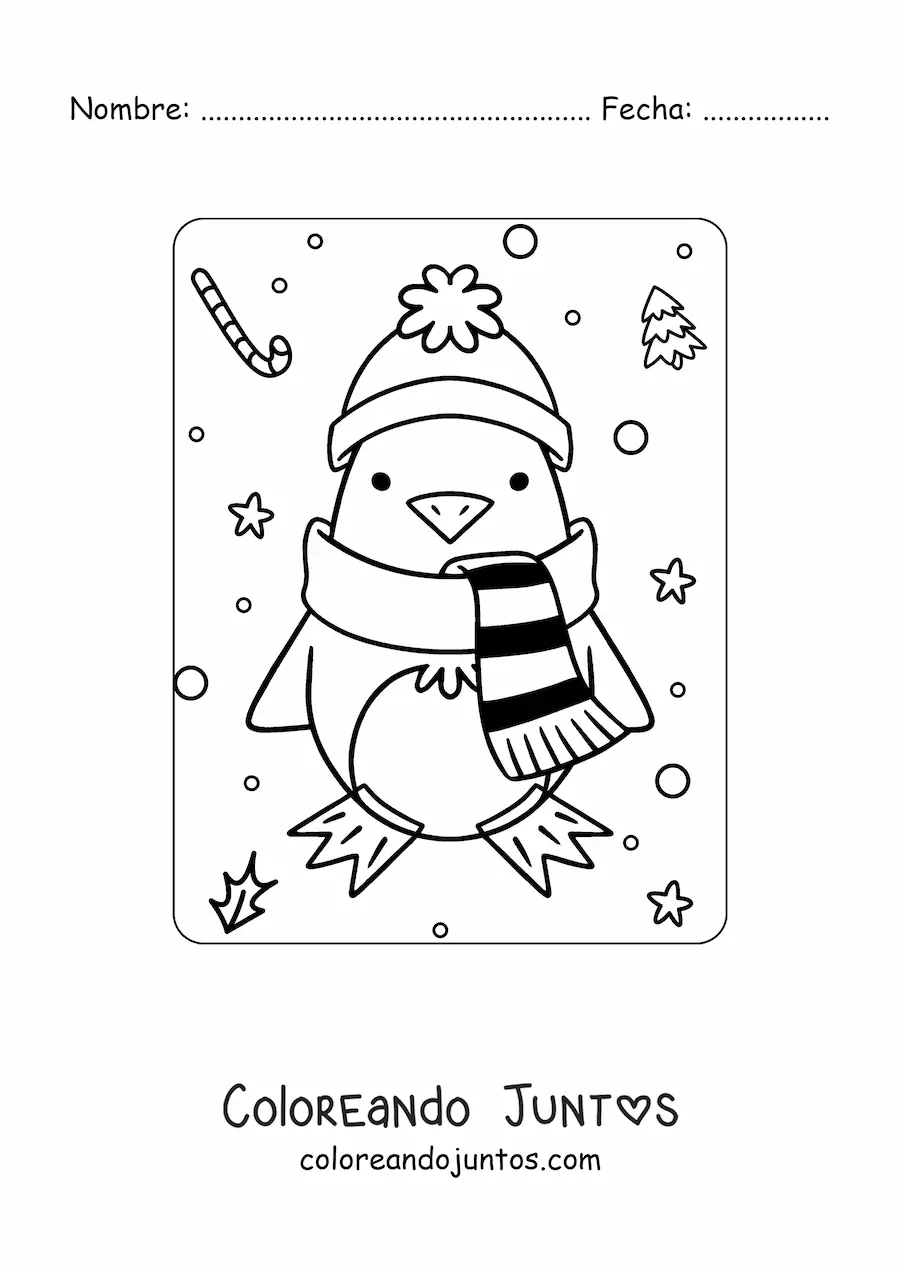 Imagen para colorear de un pingüino kawaii con bufanda en invierno