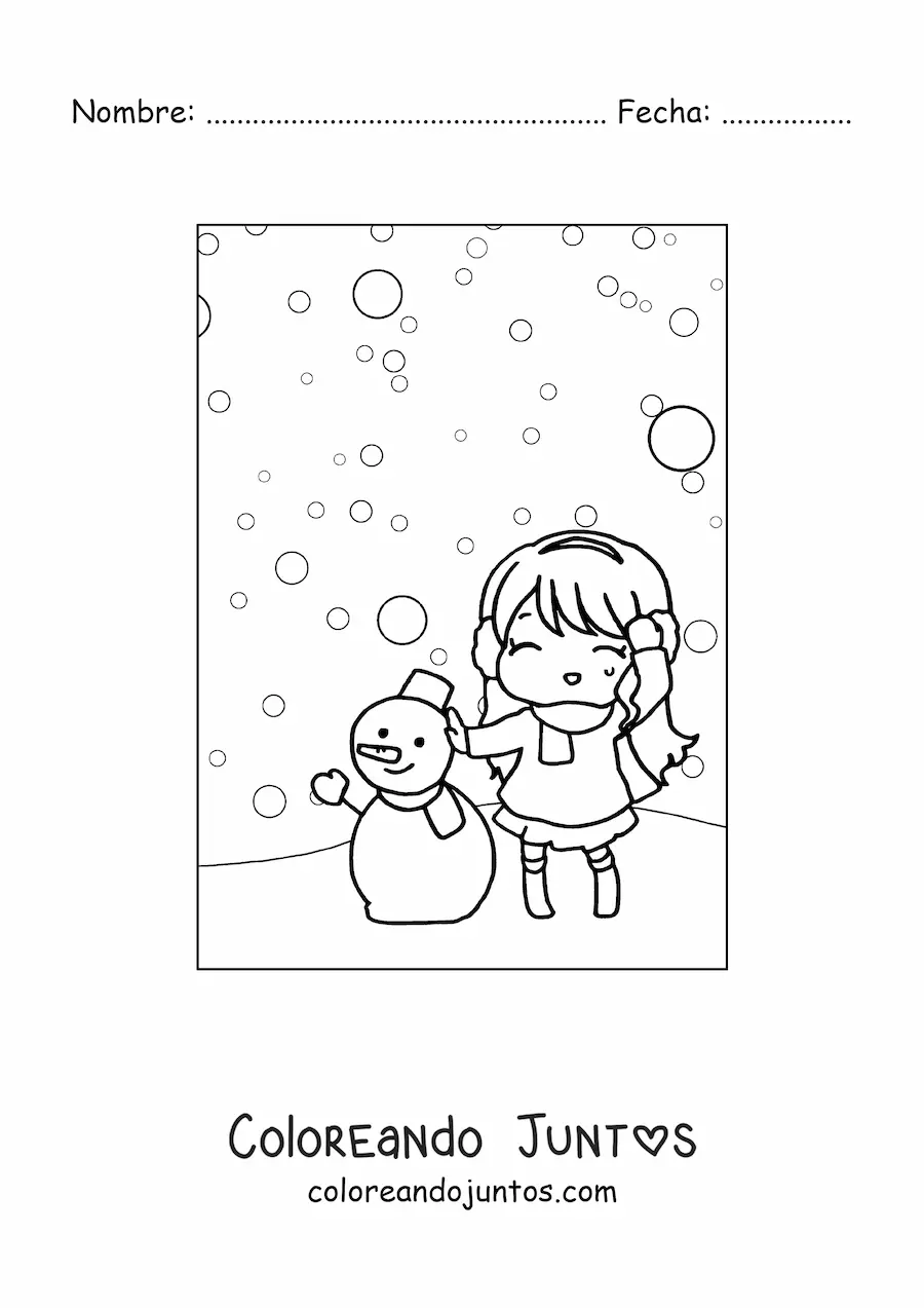 Imagen para colorear de una niña kawaii en una nevada con un muñeco de nieve