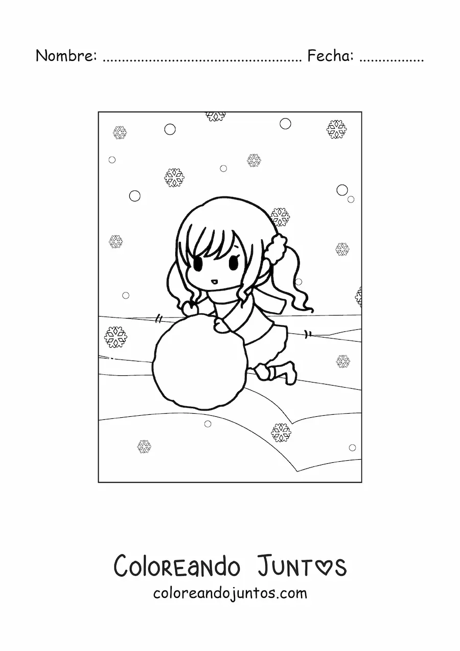 Imagen para colorear de una niña kawaii con una bola de nieve gigante