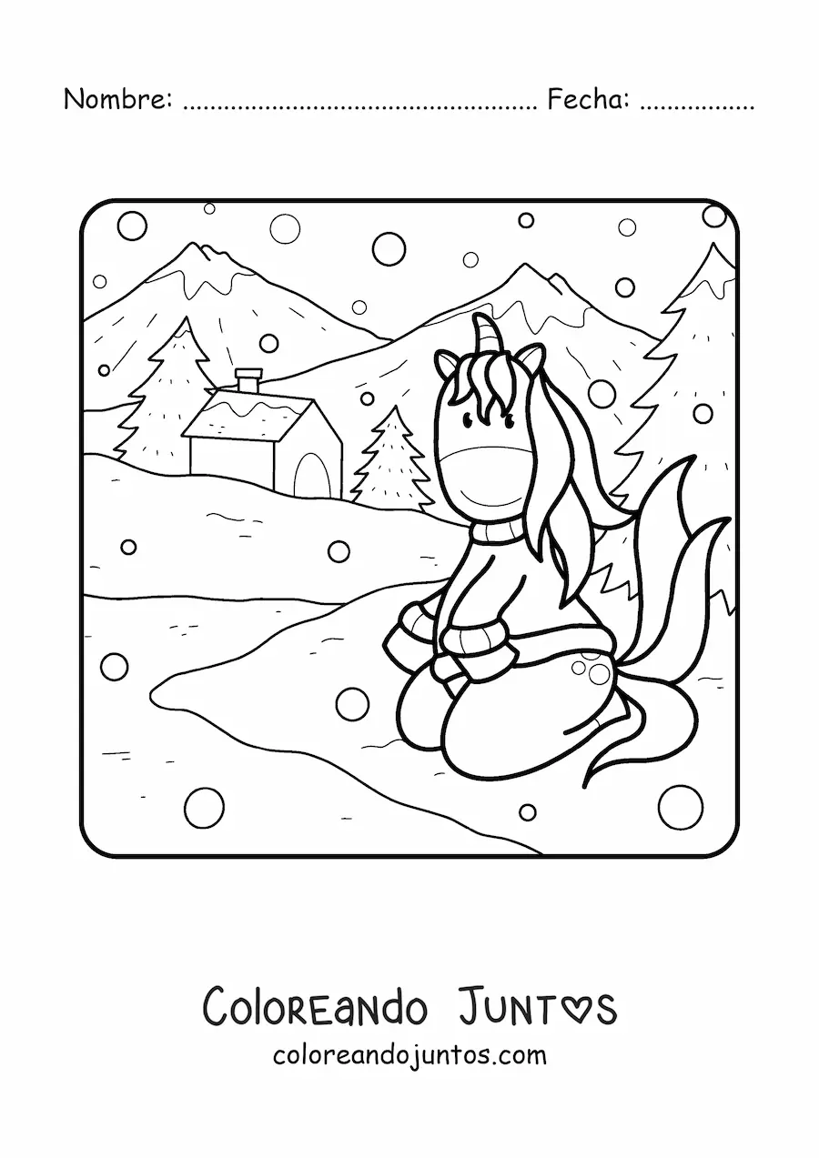 Imagen para colorear de un unicornio animado en un paisaje de invierno