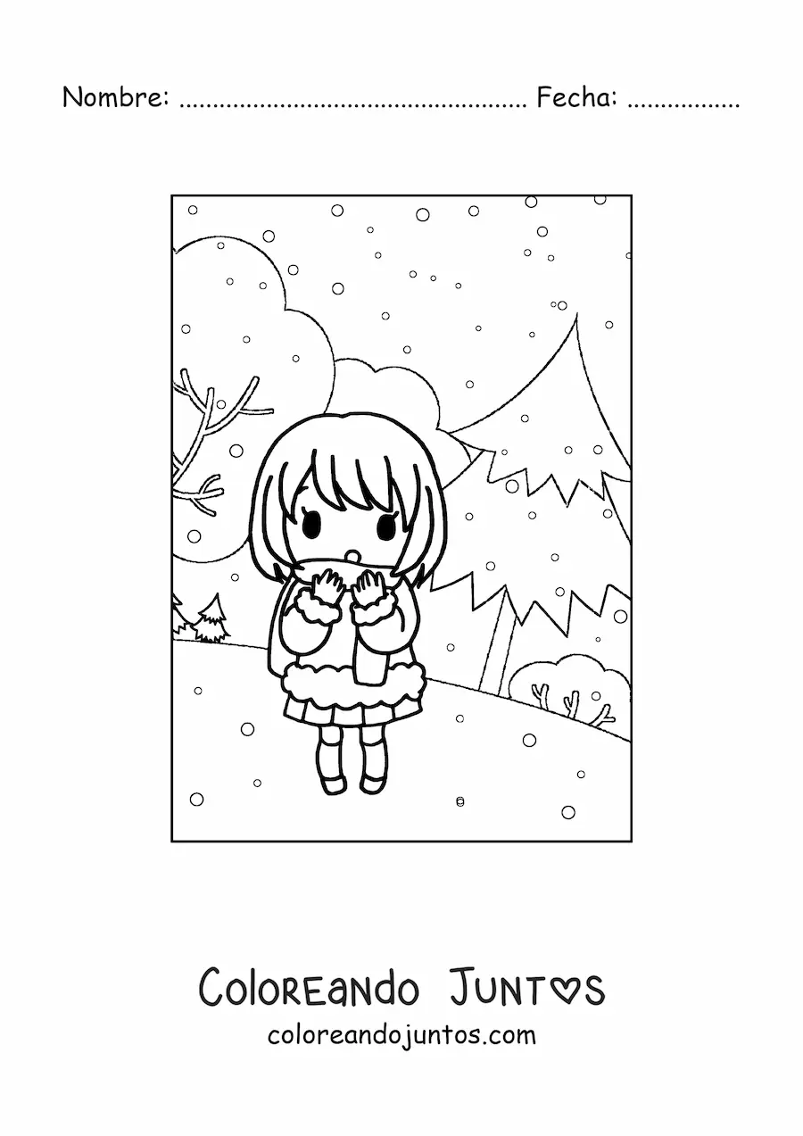 Imagen para colorear de una niña kawaii en un paisaje de invierno
