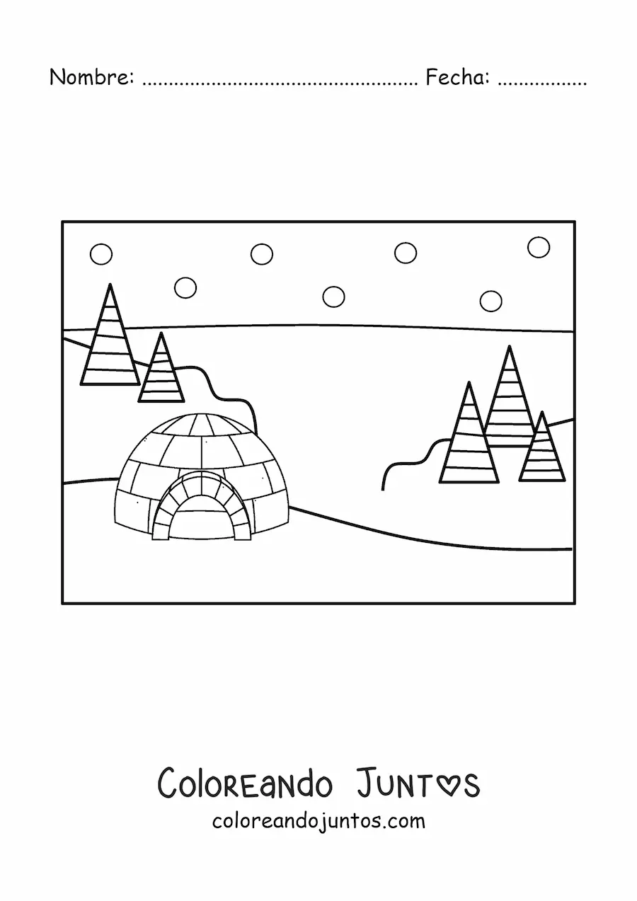 Imagen para colorear de un paisaje nevado con un iglú