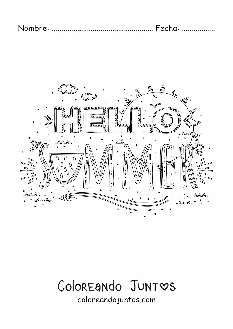 Imagen para colorear de la palabra summer con elementos del verano