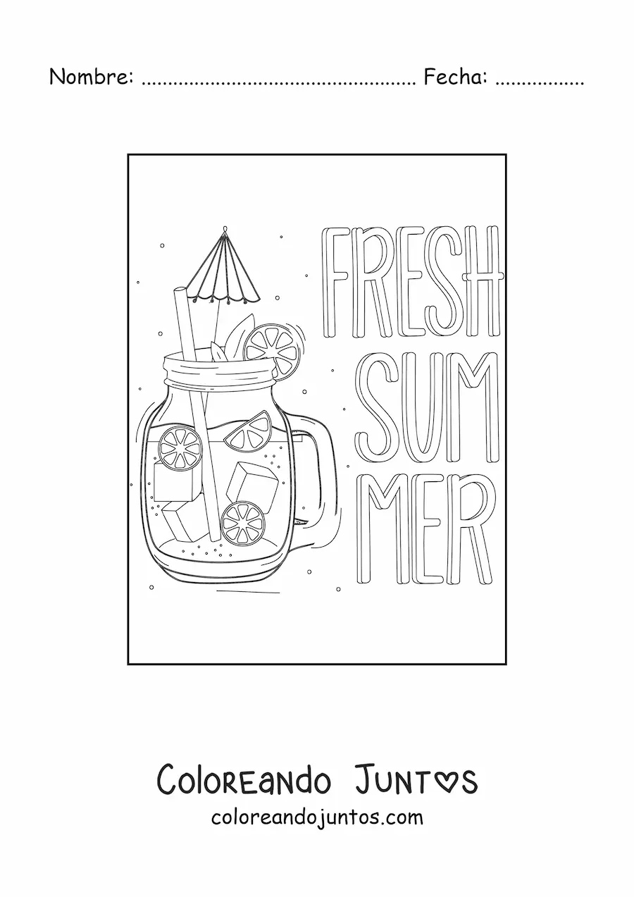 Imagen para colorear de una bebida refrescante junto a la palabra summer