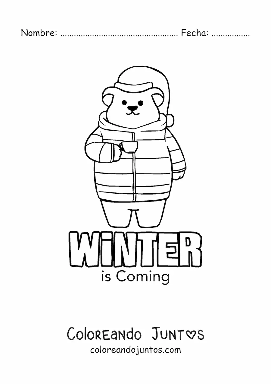 Imagen para colorear de un oso animado abrigado y la palabra winter