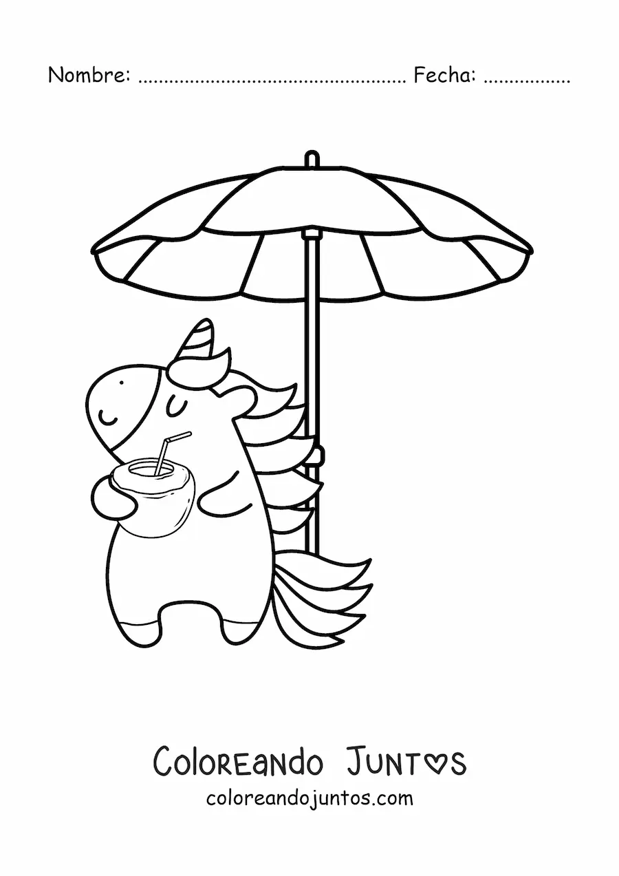 Imagen para colorear de un unicornio animado bajo una sombrilla de playa