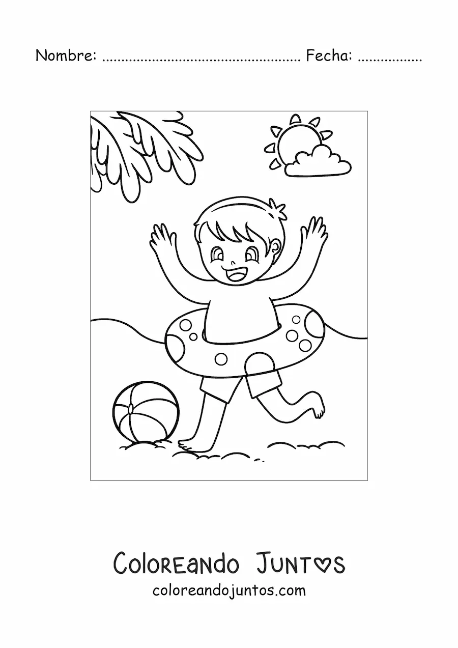 Imagen para colorear de un niño jugando en la playa con una pelota y un aro salvavidas
