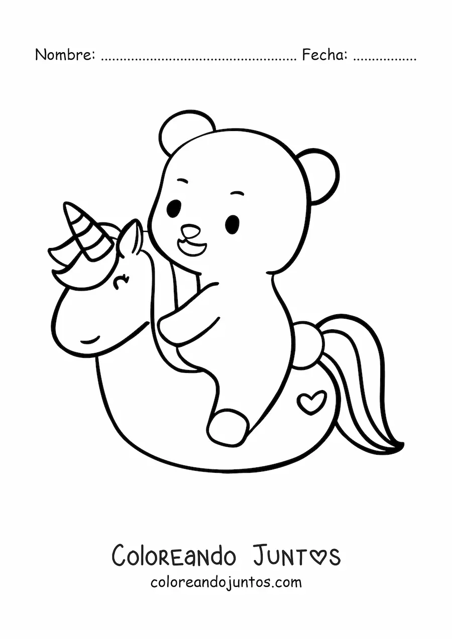Imagen para colorear de un oso kawaii sobre un flotador con forma de unicornio
