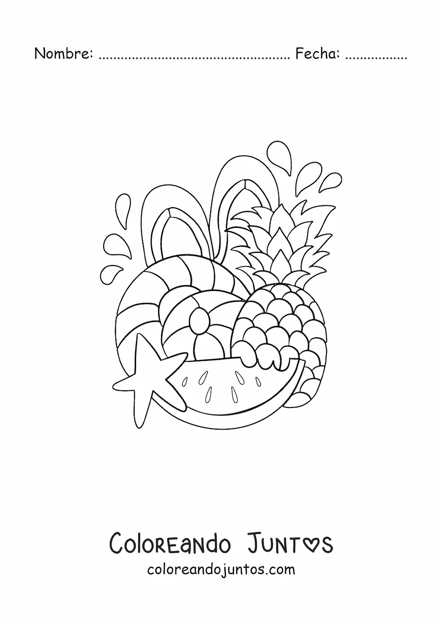 Imagen para colorear de varias frutas y accesorios de playa
