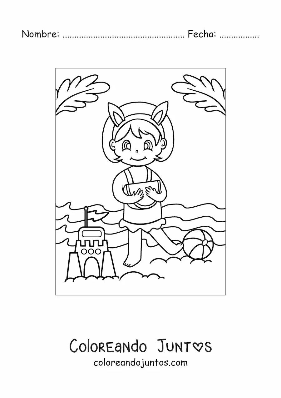 Imagen para colorear de una niña comiendo sandía junto a un castillo de arena en la playa