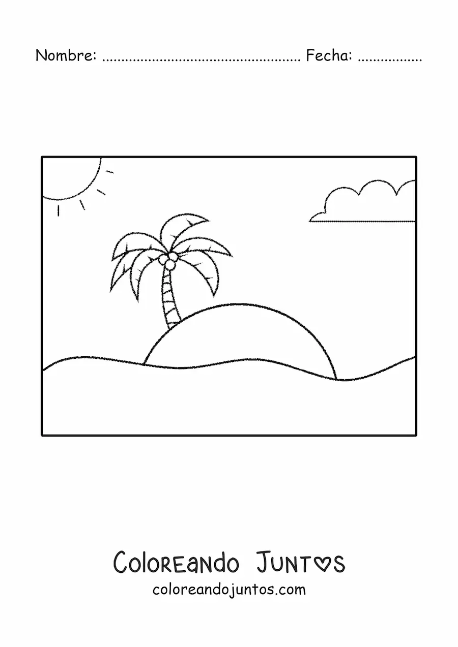 Imagen para colorear de una playa el sol y una palmera
