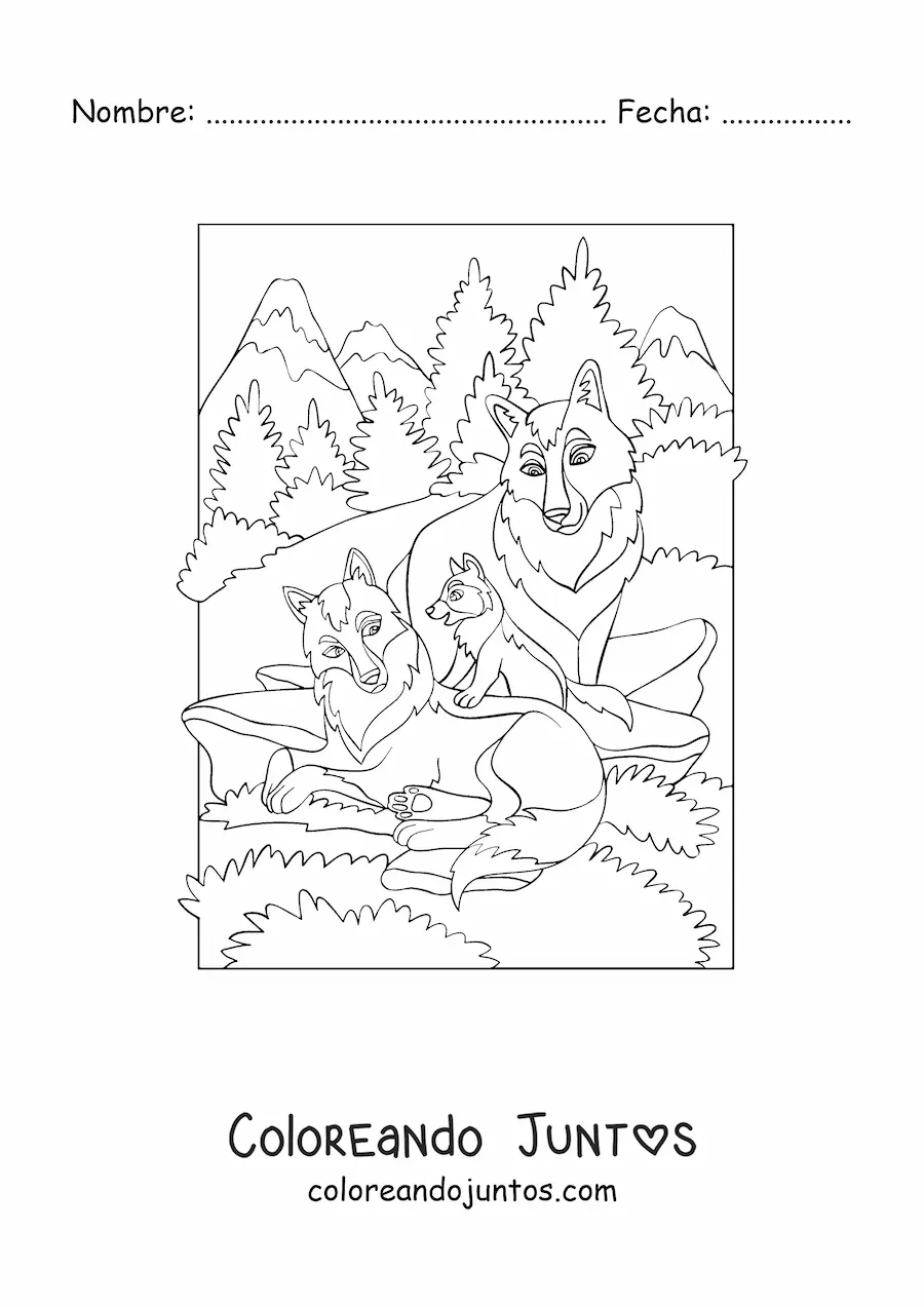 Imagen para colorear de tres lobos junto a un bosque
