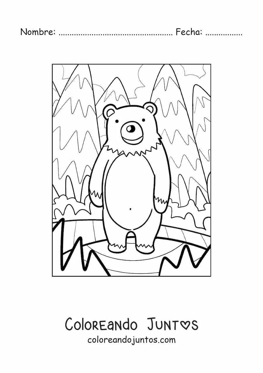 Imagen para colorear de un oso kawaii en un bosque