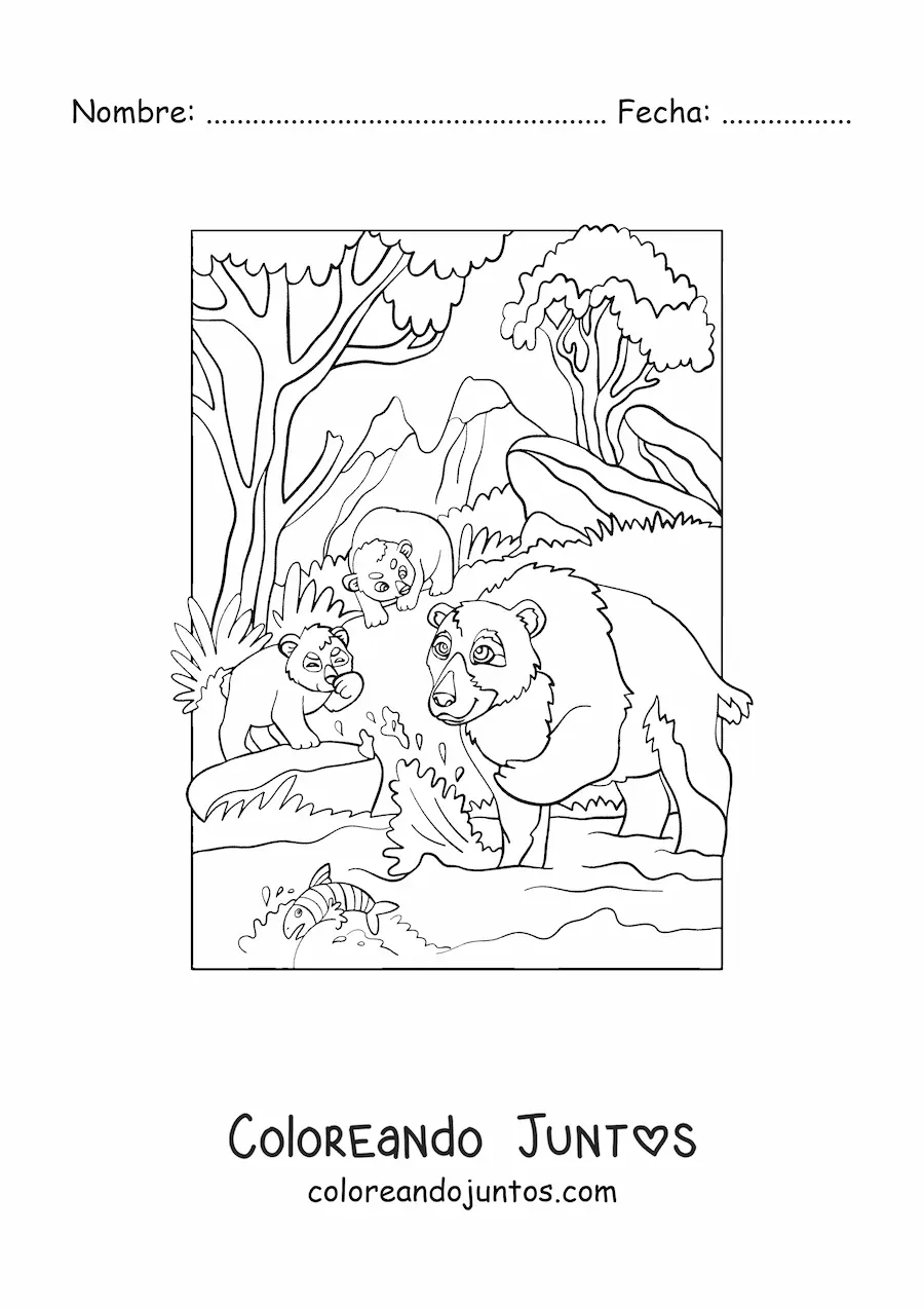 Imagen para colorear de una familia de osos en el bosque