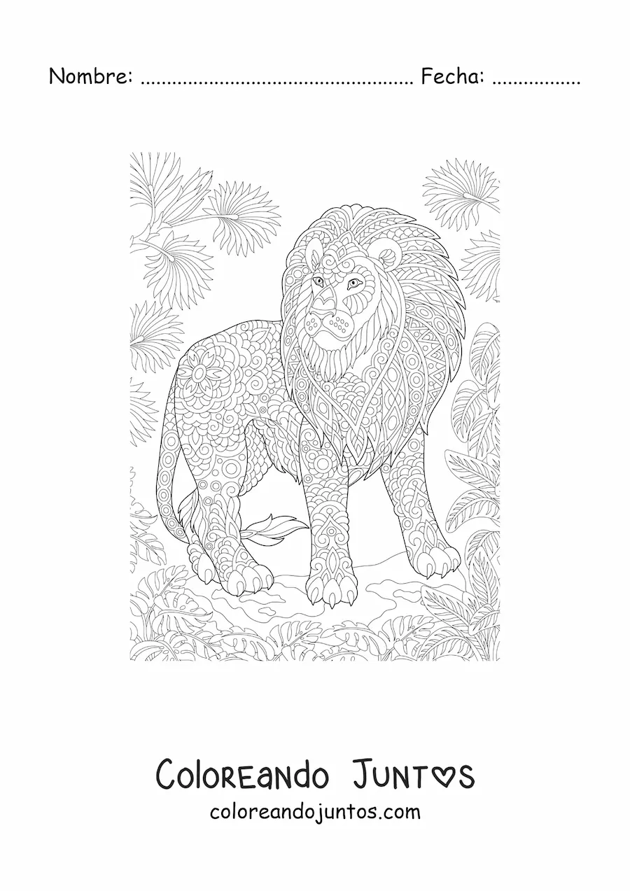 Imagen para colorear de un mandala con diseño de león de selva africana