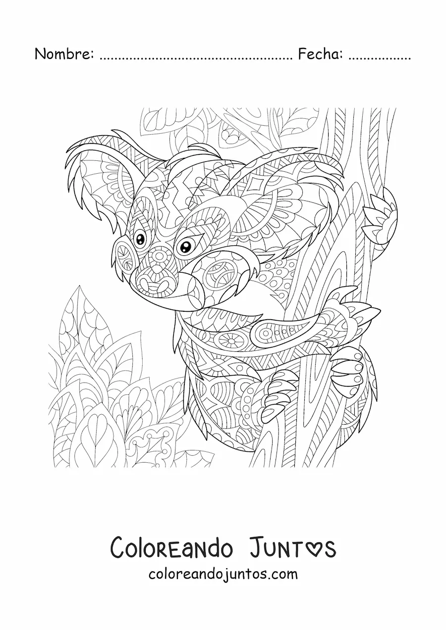 Imagen para colorear de un mandala con diseño de koala salvaje