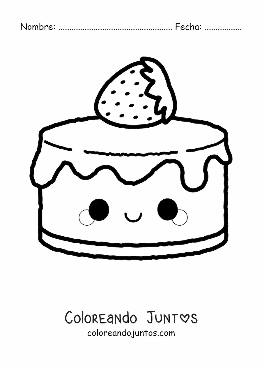 Imagen para colorear de un pastel de fresa kawaii animado
