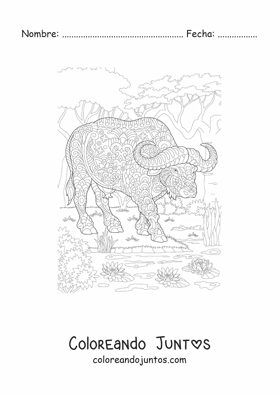 Imagen para colorear de un mandala con diseño de búfalo salvaje