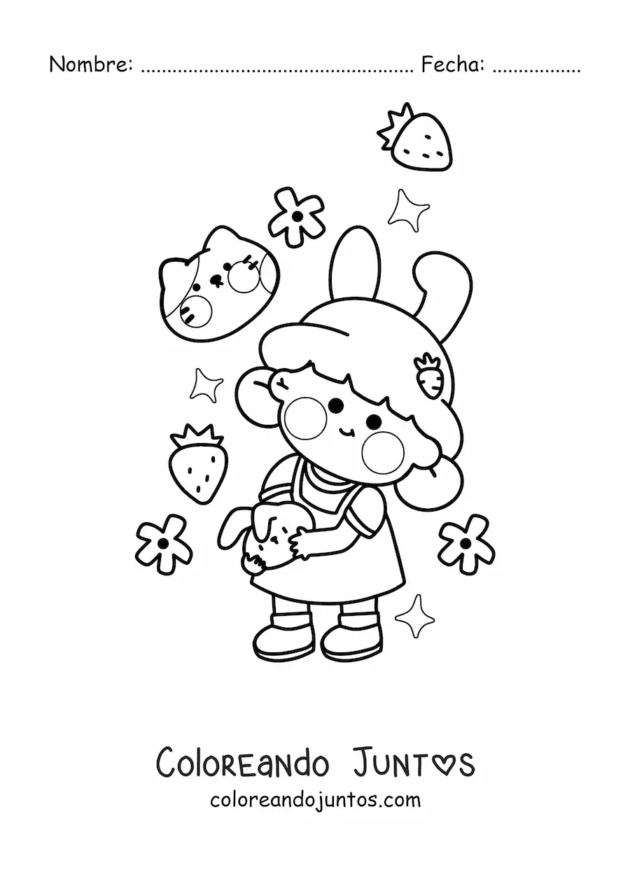 Imagen para colorear de una niña rodeada de fresas estrellas flores y un gatito