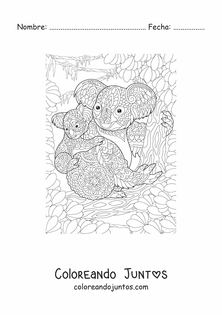 Imagen para colorear de un mandala con diseño de dos koalas en la selva