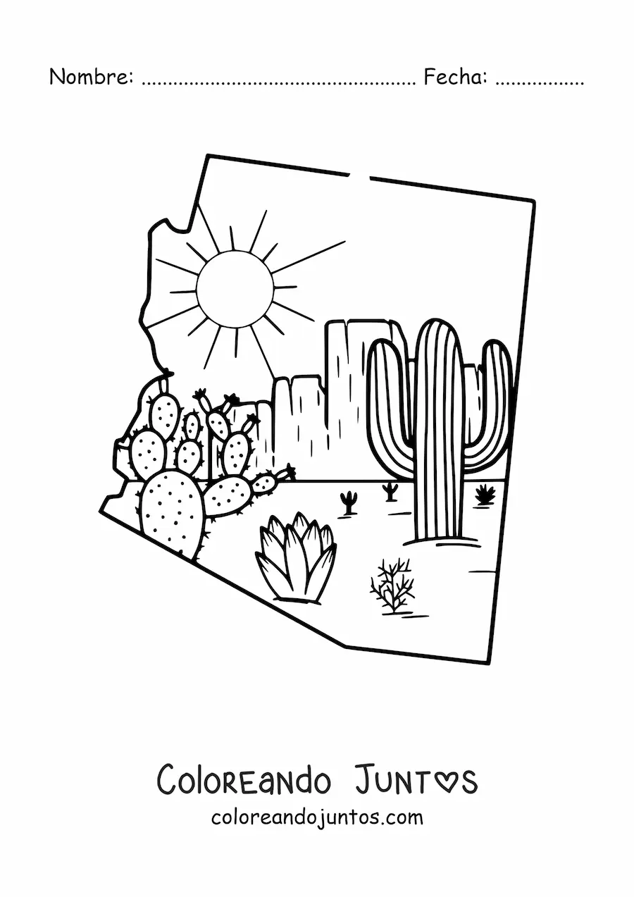 Imagen para colorear del mapa de Arizona con un dibujo del desierto