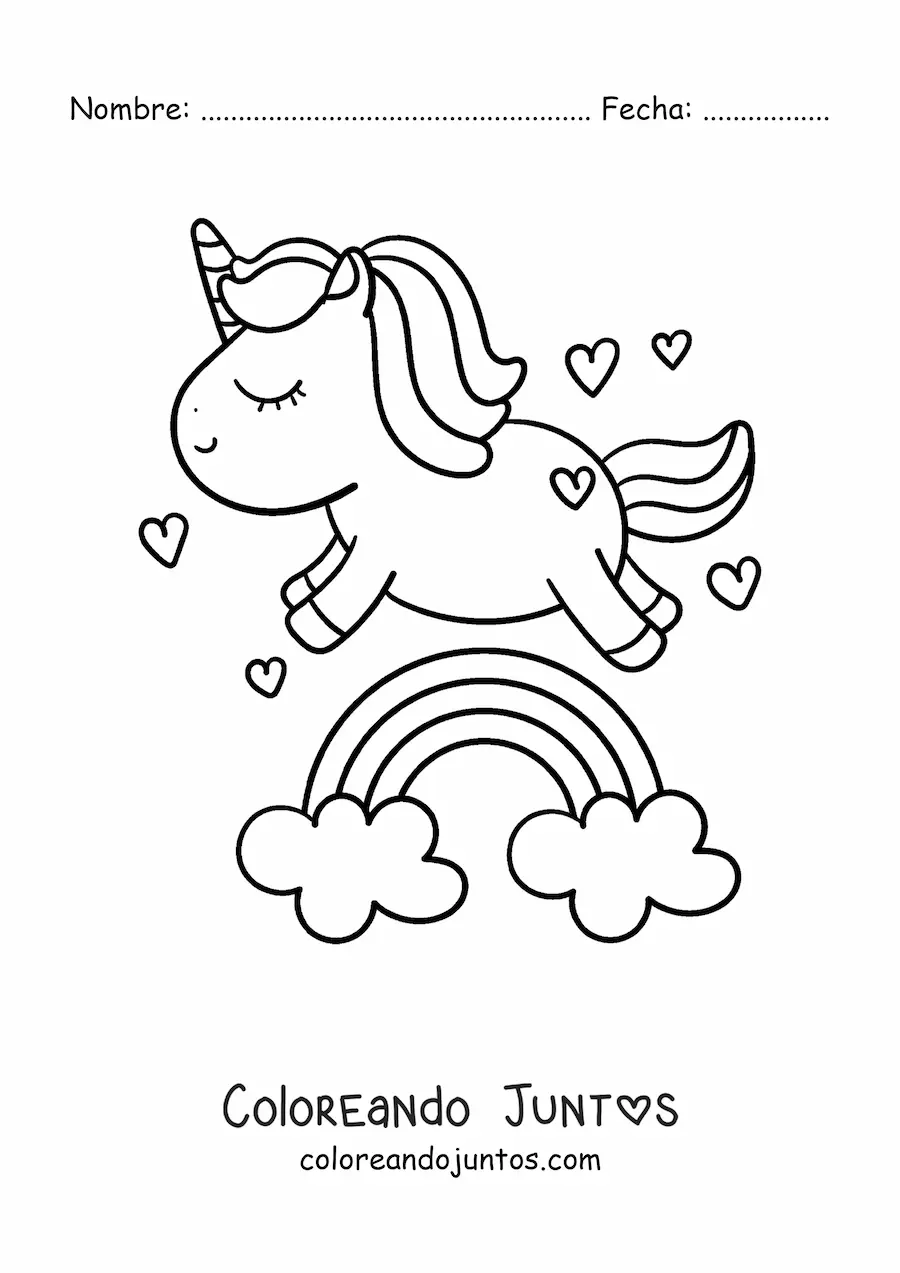 Imagen para colorear de un arcoíris con unicornio kawaii y corazones pequeños