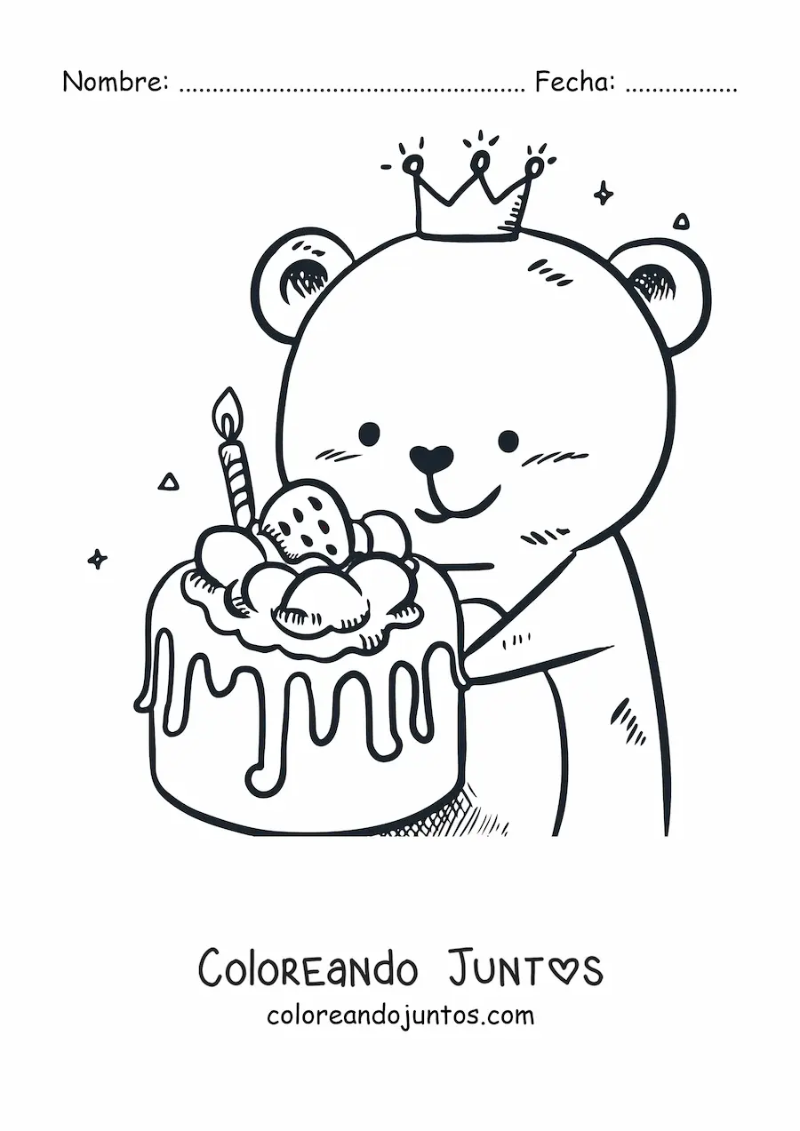 Imagen para colorear de un oso animado con un pastel de cumpleaños de fresa