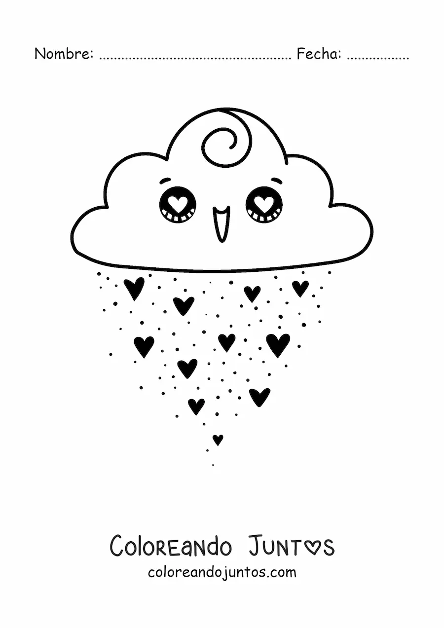 Imagen para colorear de nube kawaii sonriendo con lluvia de corazones
