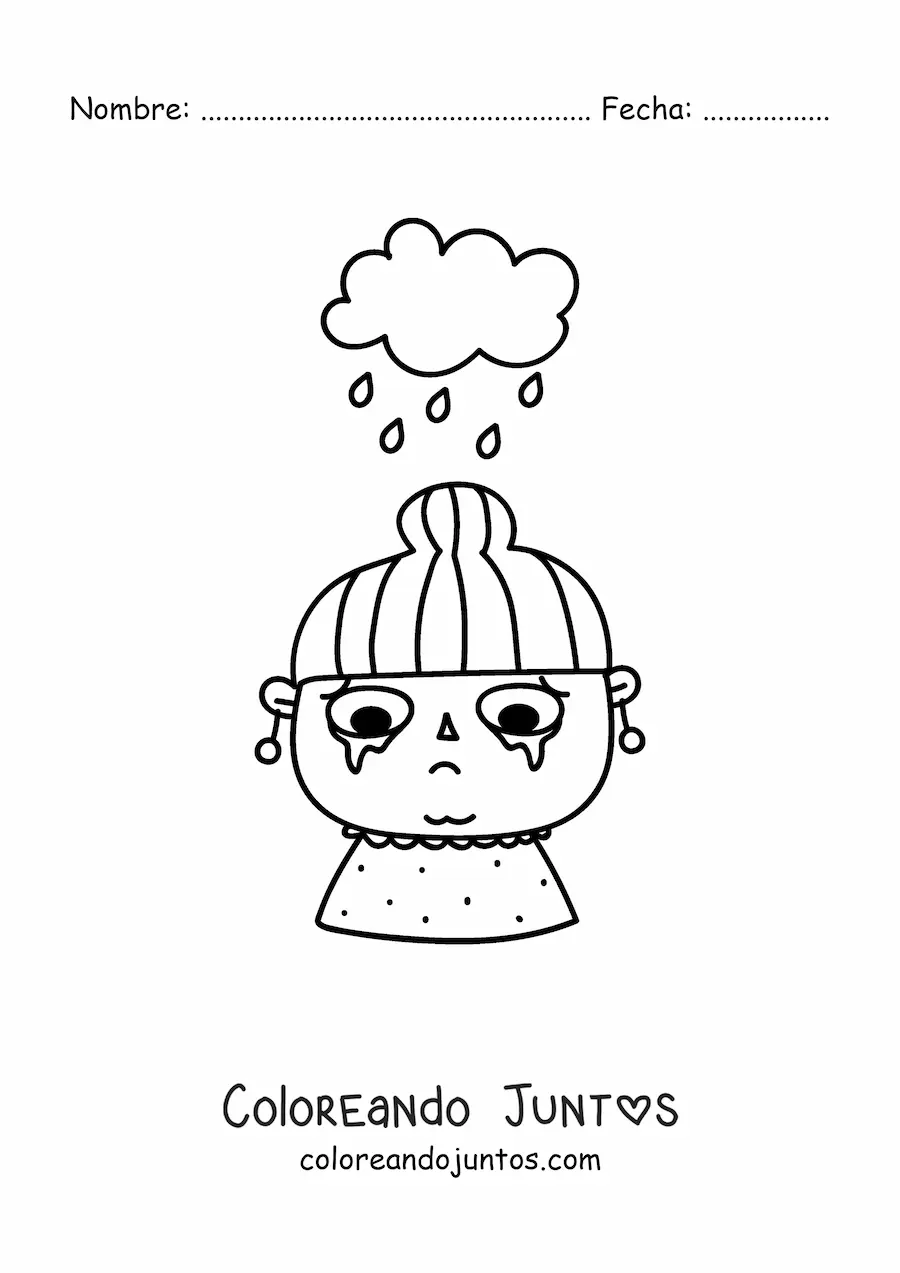 Imagen para colorear de niña llorando con nube lloviendo sobre su cabeza