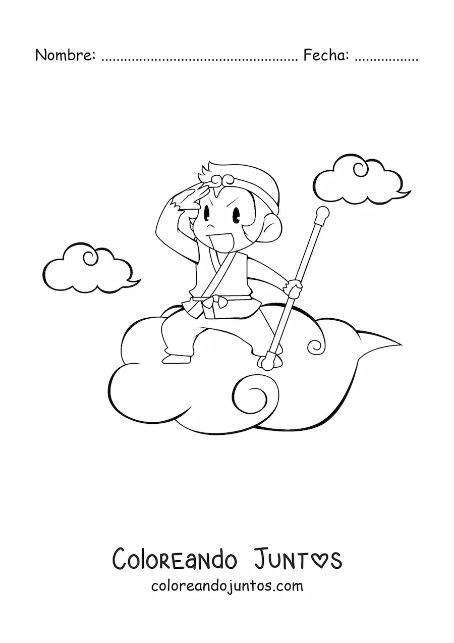 Imagen para colorear de mono animado viajando sobre una nube, con nubes al fondo