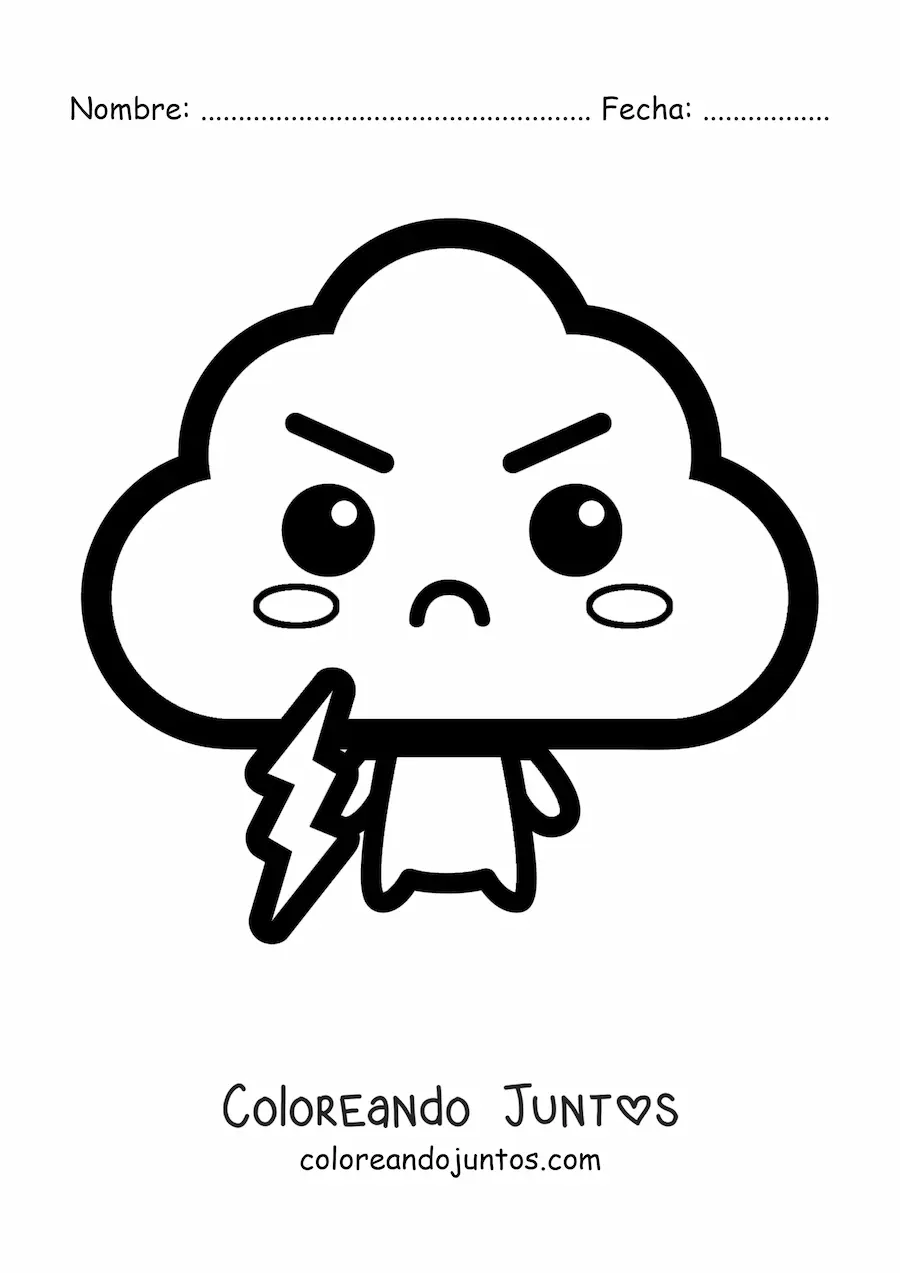 Imagen para colorear de nube animada kawaii sujetando un rayo