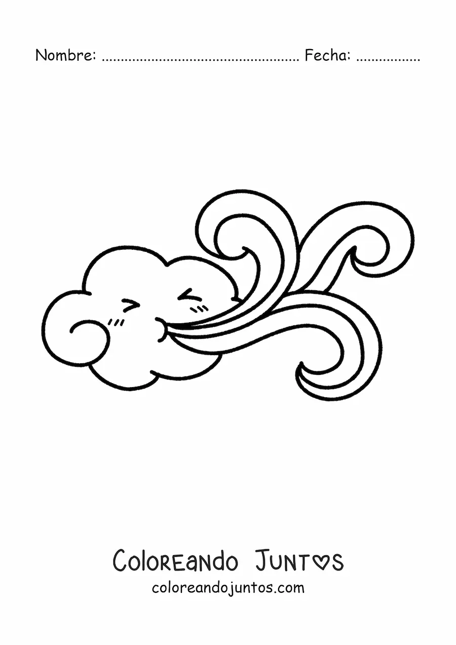 Imagen para colorear de nube kawaii soplando viendo