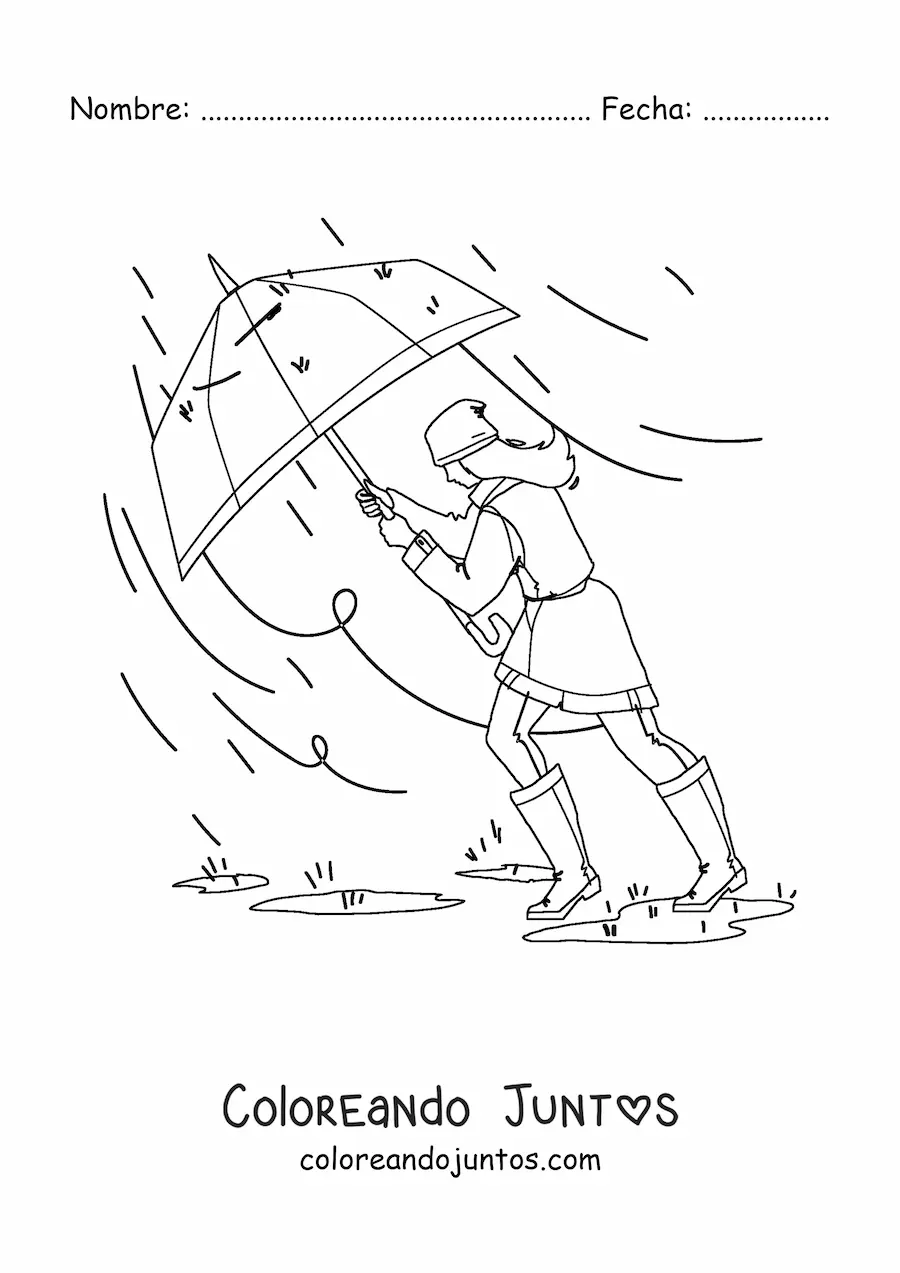 Imagen para colorear de niña con paraguas caminando en una tormenta fuerte